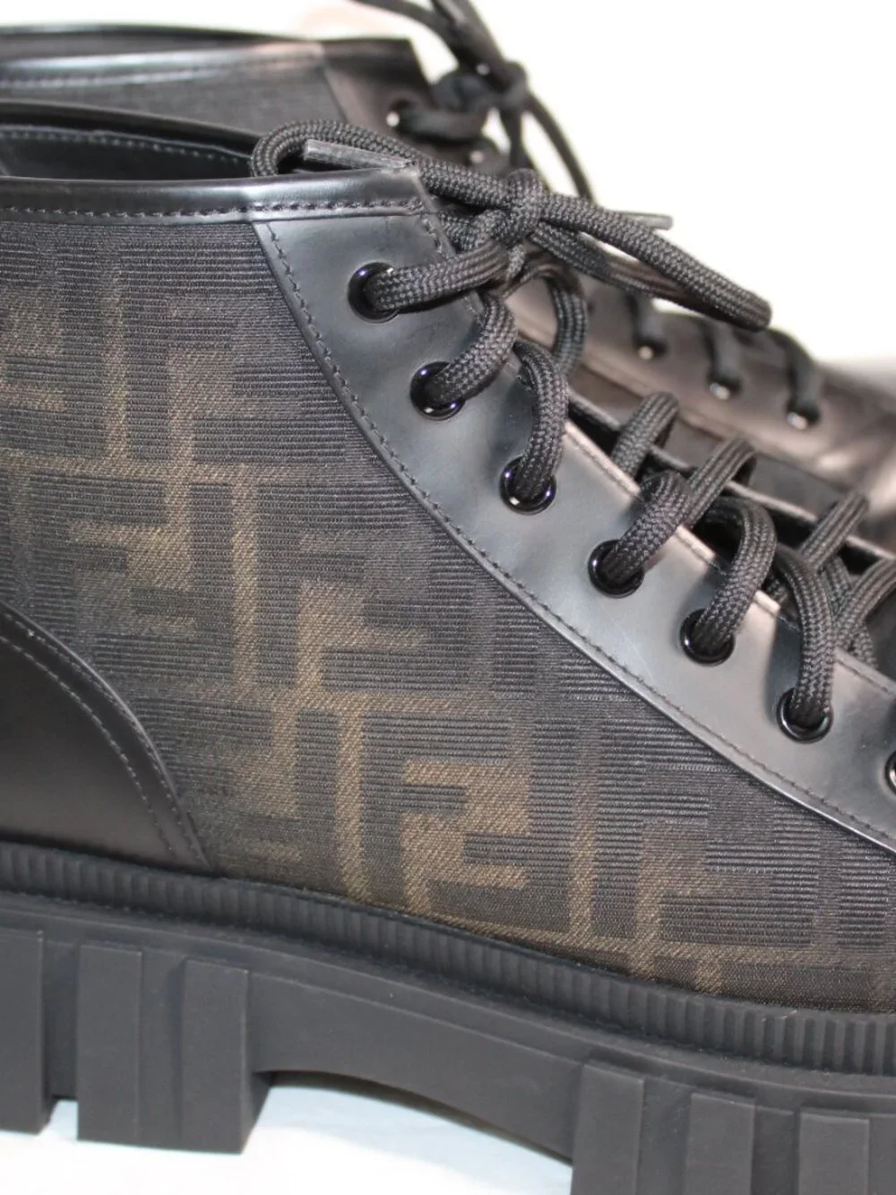NEW FENDI Force Biker Boots FF Jacquard Canvas Lace Up Lug Sole Mens 12